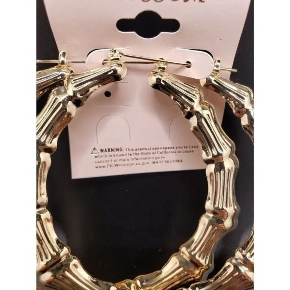 Large Gold bamboo hoop Earrings - Picture 4 of 4